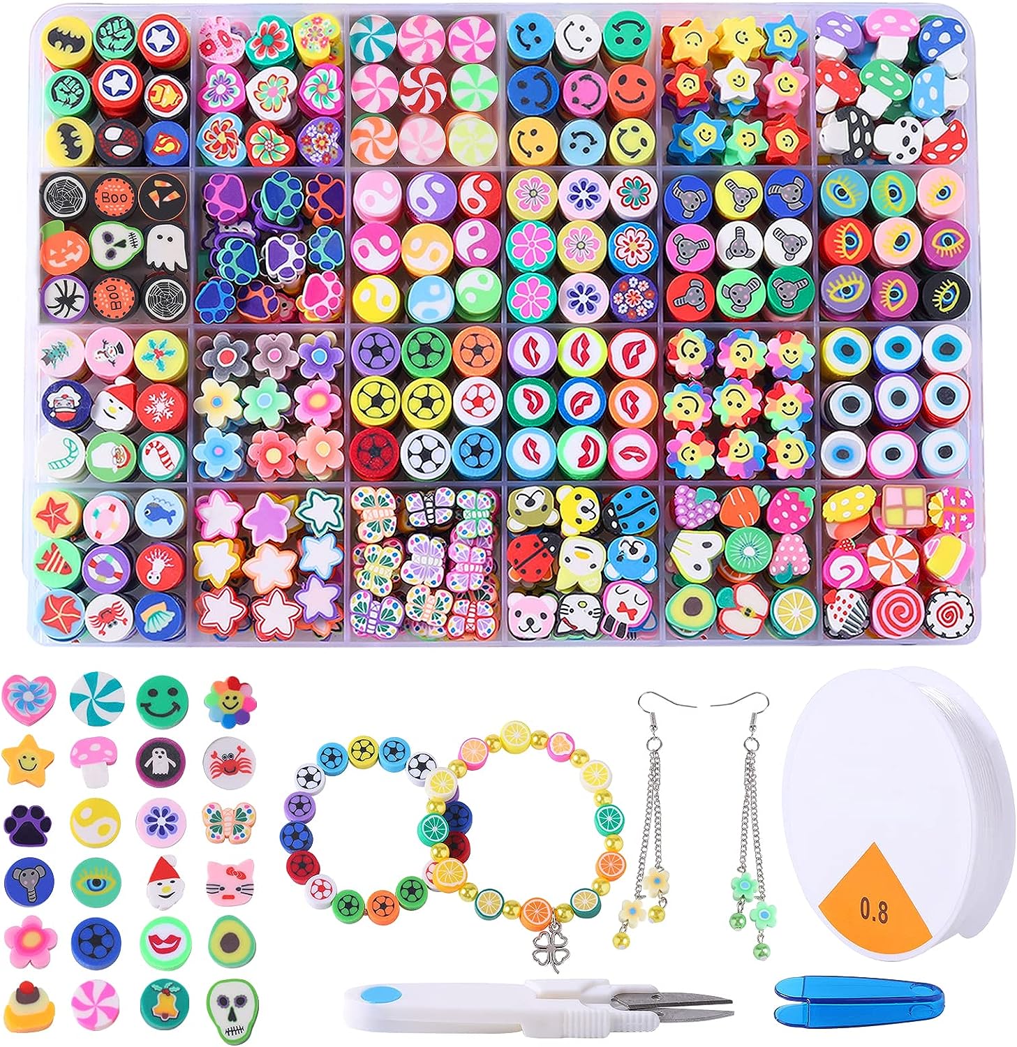 Fishdown 480 PCS Polymer Clay Beads for Jewelry Making Kit，24 Color Flower Clay  Charms for Bracelets,Fruit Smiley Face Beads,Cute Beads for Jewelry  Necklace Earring Making 